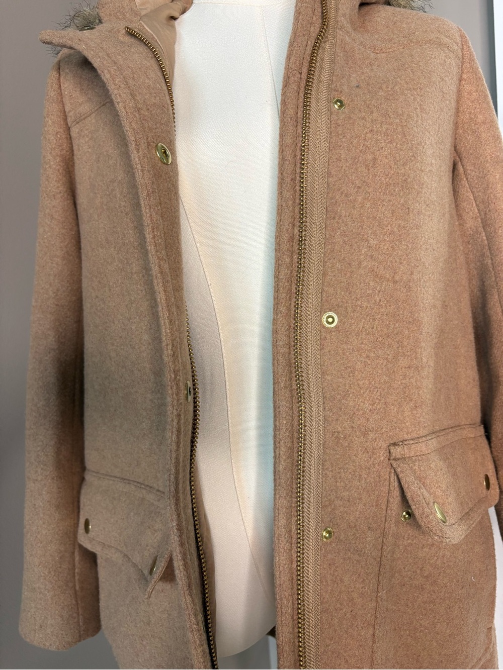 J. Crew Camel Hooded Trench Coat with Faux-Fur Trim - Picture 3 of 5